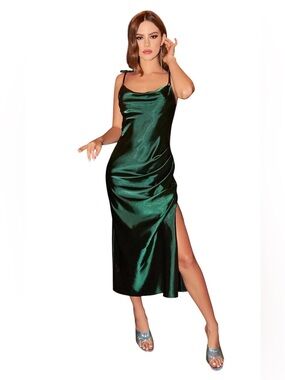 Ladivine Emerald Cowl Neck Slip Dress with Side Slit